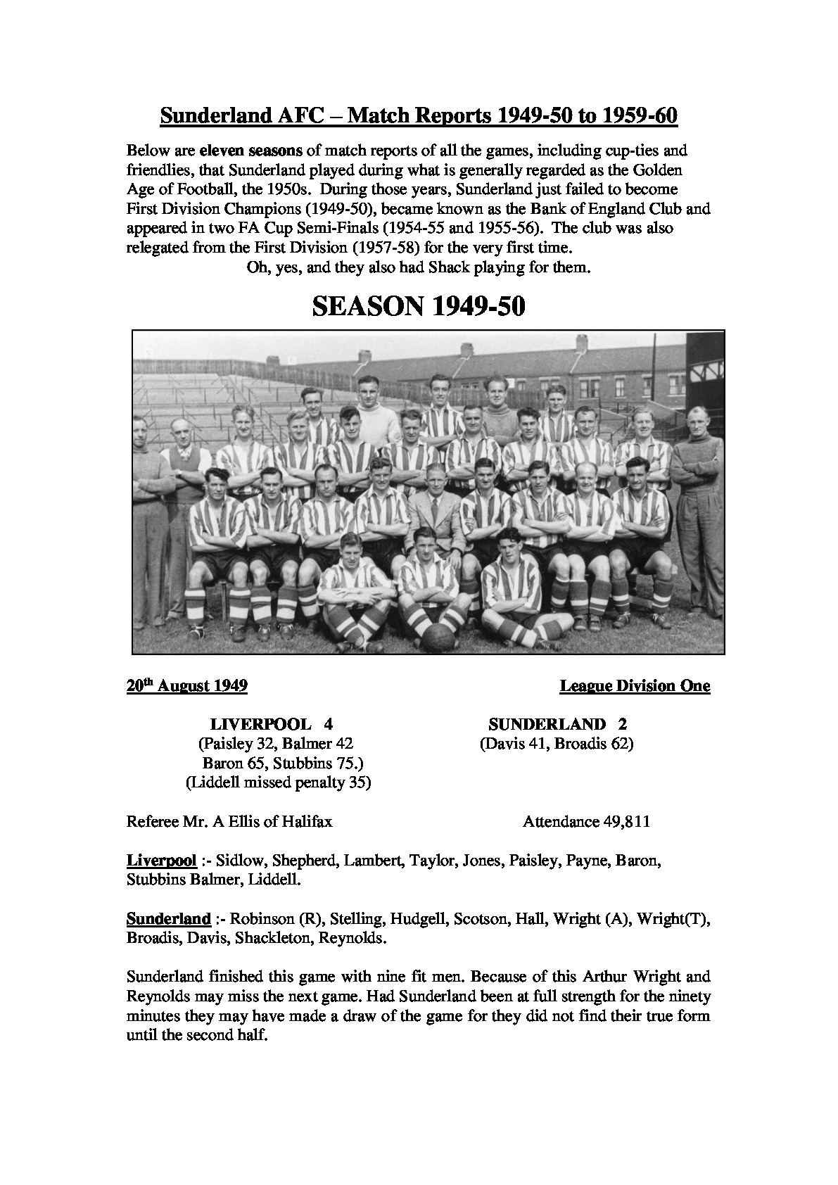 Sunderland AFC Match Reports 1949 to 1960